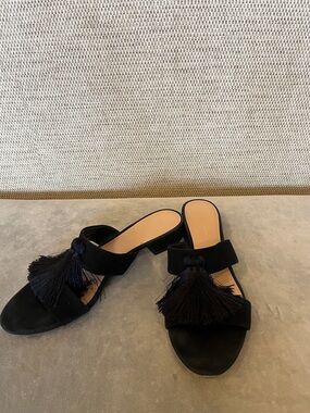 Loeffler Randall Black Tassel Slide Mules with Navy Accents